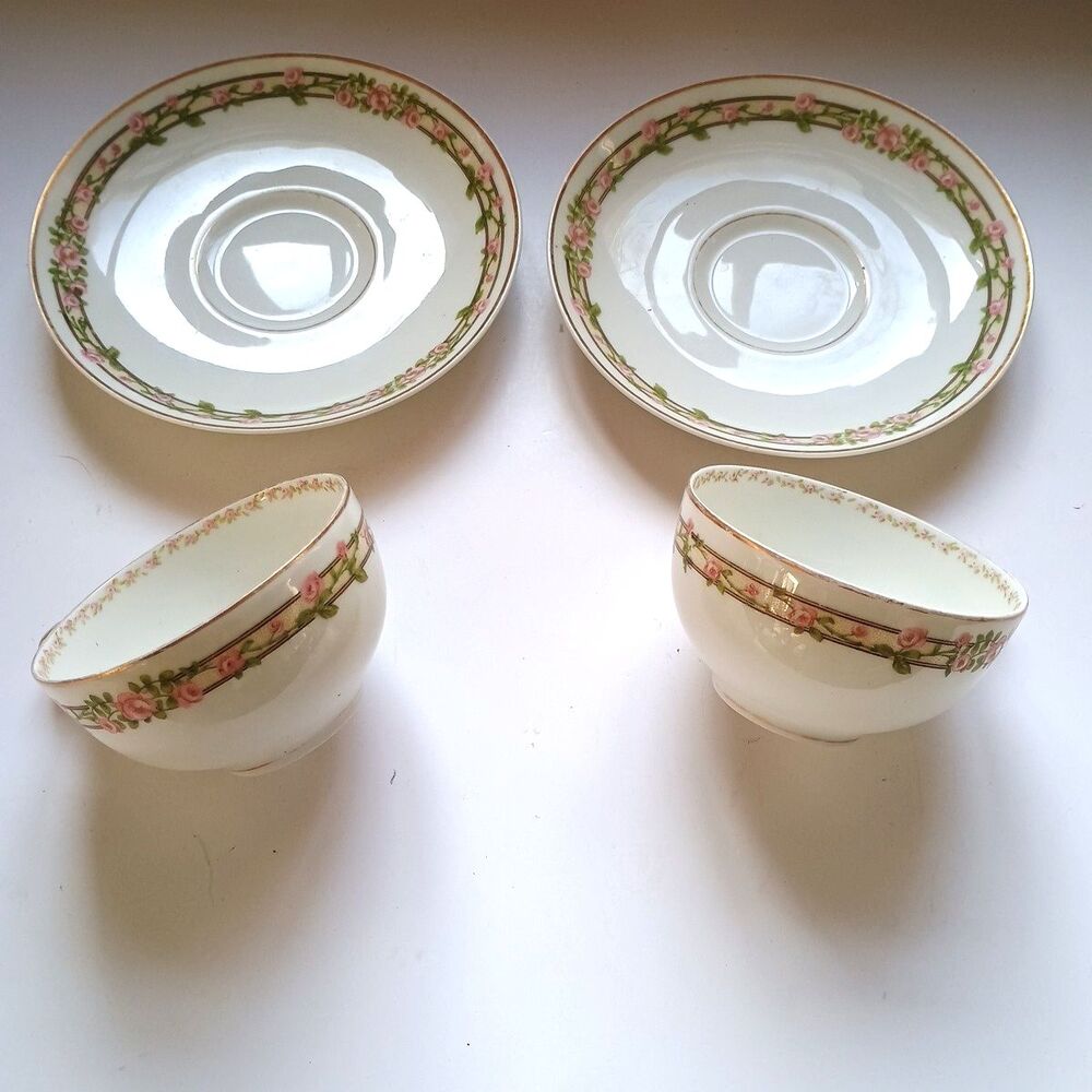 Theodore Haviland Limoges France Pink Roses Floral 2 cups+saucers Schleiger 1084
